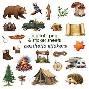 Camping Digital Stickers | Nature Planner Stickers | Scrapbooking Clipart | PNG Set for iPad, Goodnotes, Printing & Journaling