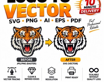 Puede incluir: Un anuncio gráfico para un servicio de conversión de logotipo a vector. Muestra una cabeza de tigre pixelada etiquetada BEFORE JPG/PNG (RASTER) y una cabeza de tigre suave etiquetada AFTER SVG (VECTOR). El texto incluye 10 MINUTE DELIVERY, SVG, PNG, AI, EPS, PDF.