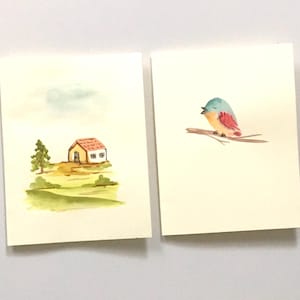 Cartões em branco pintados à mão Conjunto de flores e pássaros, duas pinturas originais em aquarela