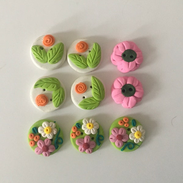 Flowers 9 Handmade buttons polymer clay 1 inch fast shipping