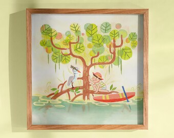 May include: A framed illustration depicts a child in a red hat and a heron on a tree branch, with a red boat in the water. The tree has green leaves and yellow accents. The artwork is in a wooden frame.