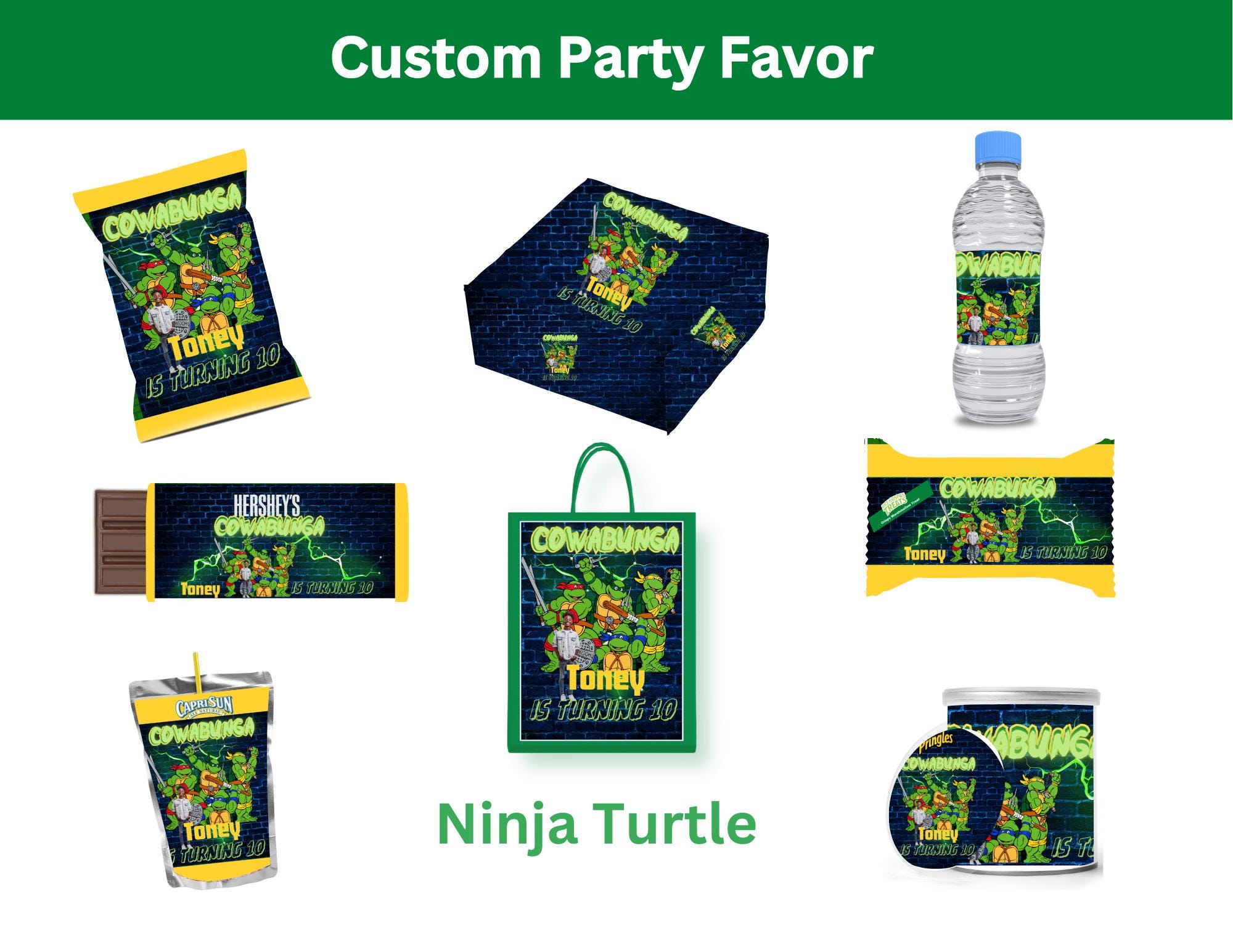 Bewerkbare sjabloon Ninja Turtle-feestgunst – Green Hero verjaardagcanvabestand – Mutant Squad-thema met testmodellen