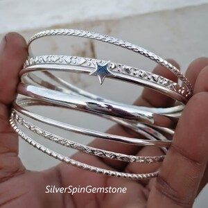 Handmade Silver Bangle Set: Boho Stacking Bracelets with Star Charm