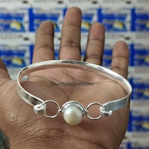 Sterling Silver Pearl Bangle Bracelet: Minimalist 925 Cuff