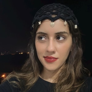 Black Crochet Mesh Beanie | Handmade Boho Tasseles Skull Cap | Retro 70s Summer Hat | Gold Charm Accent Beanie | Lightweight Women’s Hat