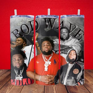 May include: Three stainless steel tumblers with a black and white image of a rapper on each. The tumblers feature the text "Rod Wave" on the front.
