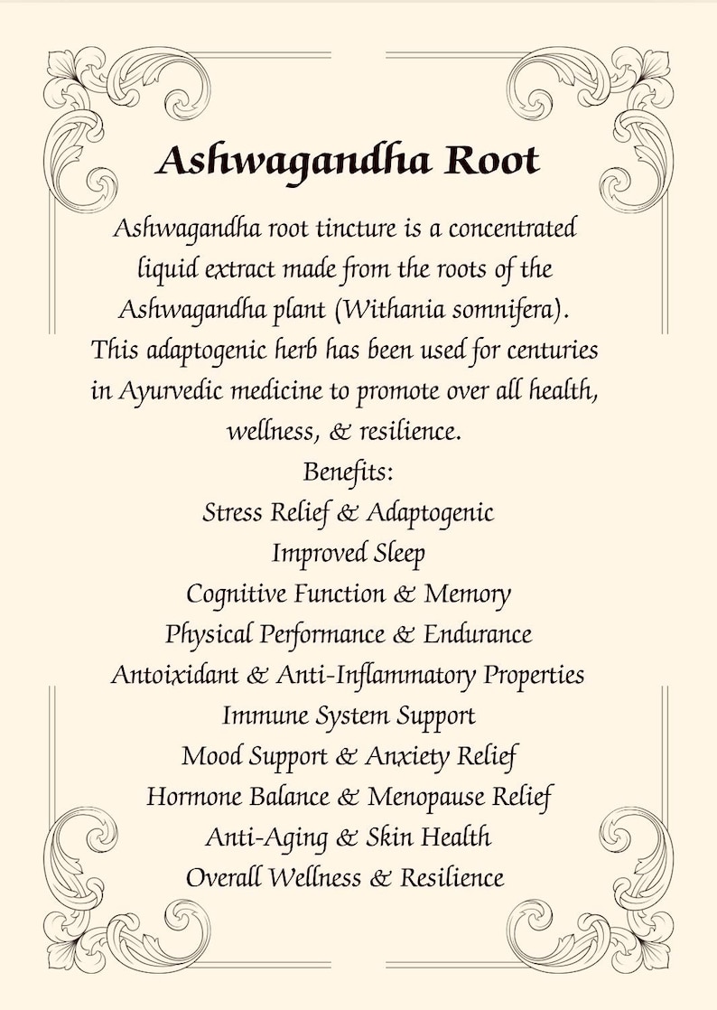 K&ouml;nnte beinhalten: Ein Schwarzwei&szlig;bild mit einem dekorativen Rahmen. Der Text "Ashwagandha Root" befindet sich oben im Bild. Der Text darunter beschreibt die Vorteile von Ashwagandha-Wurzel-Tinktur, darunter Stressabbau, verbesserter Schlaf, kognitive Funktion und allgemeines Wohlbefinden.