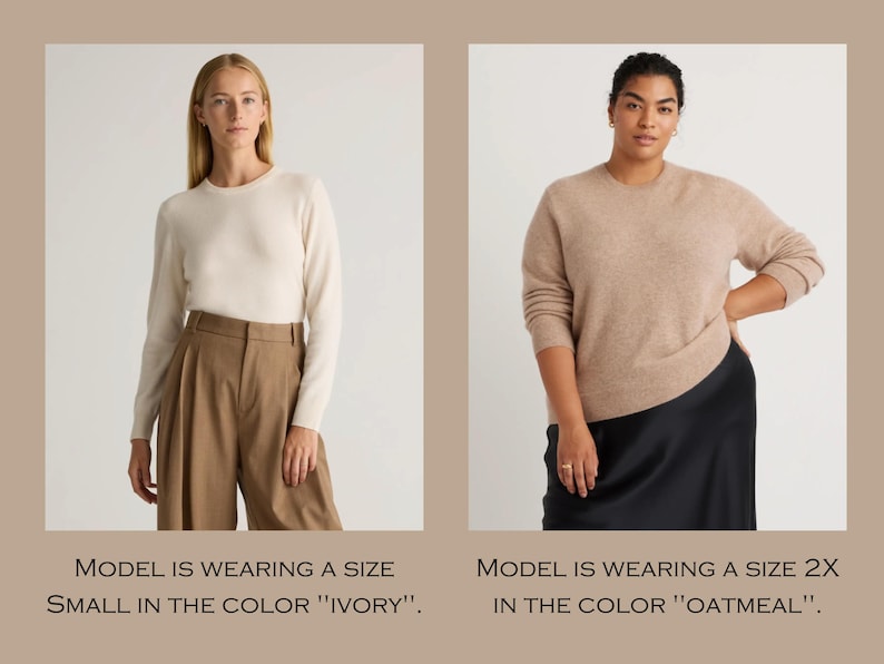 May include: Two models wearing sweaters. The model on the left is wearing a white sweater and the model on the right is wearing a beige sweater. The text below the images says "MODEL IS WEARING A SIZE SMALL IN THE COLOR "IVORY"." and "MODEL IS WEARING A SIZE 2X IN THE COLOR "OATMEAL"."