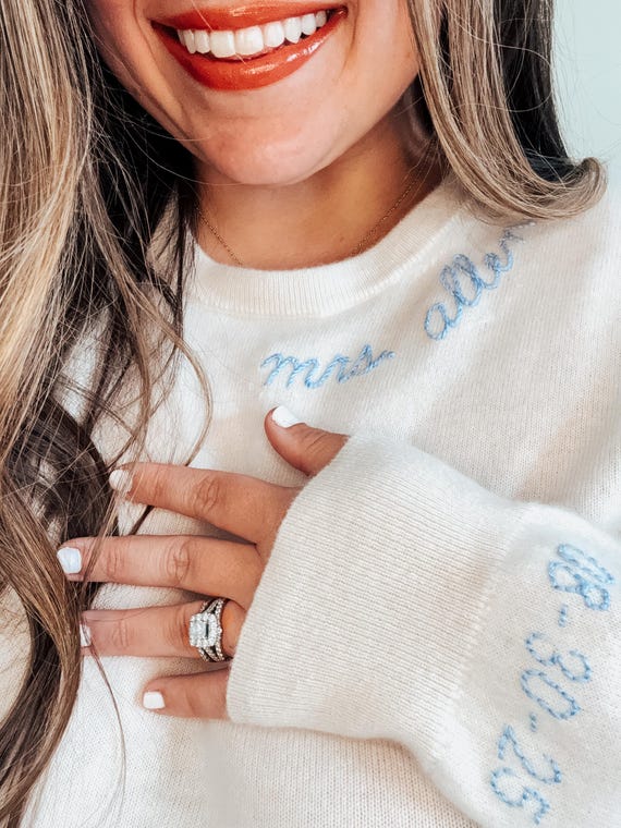 Custom 100% Cashmere Sweater, Personalized Bridal Gift, Engagement Gift, Custom Wedding Embroidered Cashmere Sweater, Custom Bride Gift