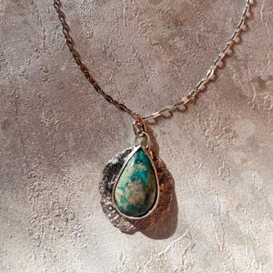 Chrysocolla pendant with reticulated finish, 925 sterling silver.