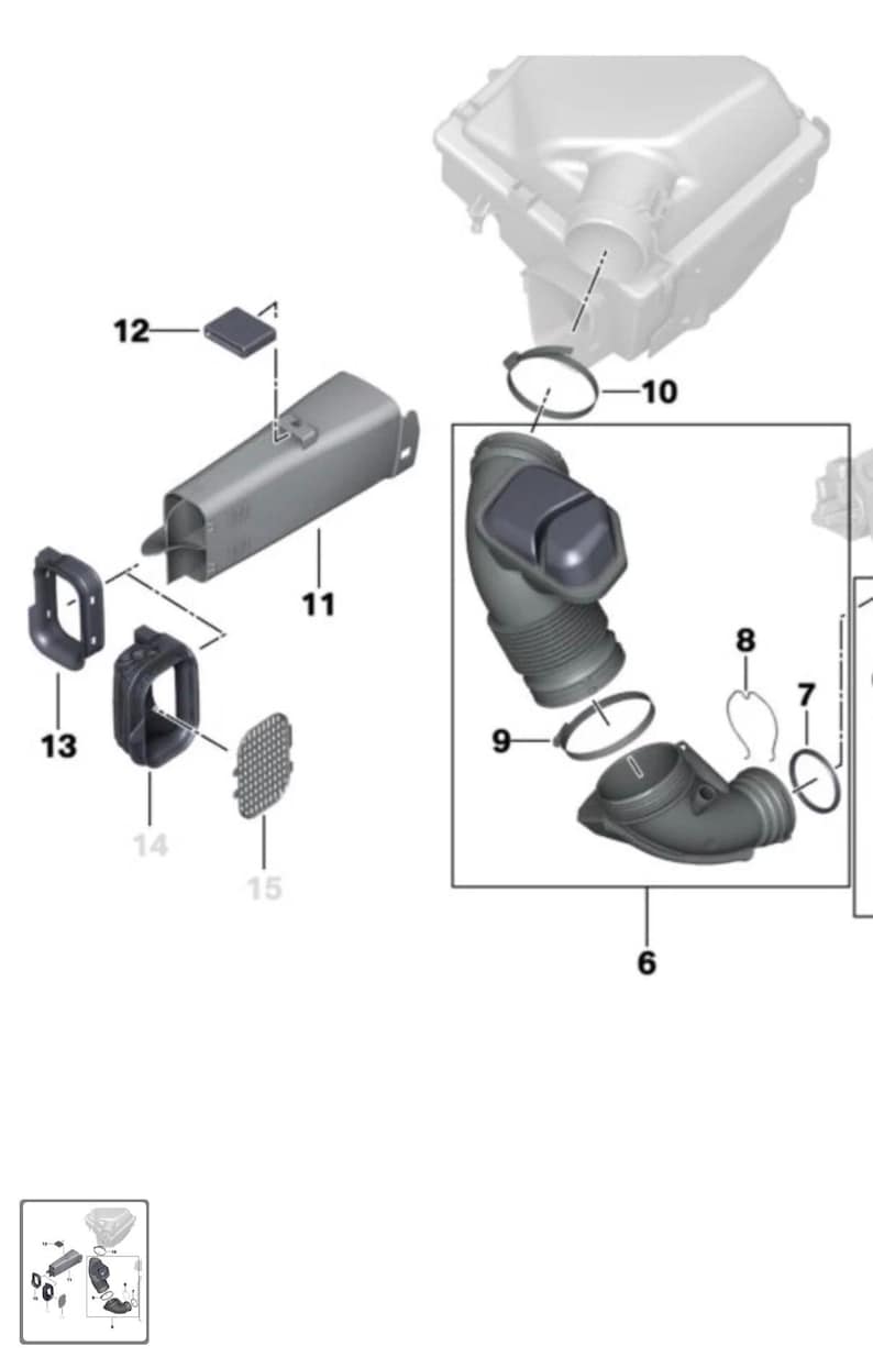 May include: An exploded diagram of automotive parts, including an air filter housing, intake tubes, and various clamps. The components are rendered in a technical illustration style, with labels indicating each part.