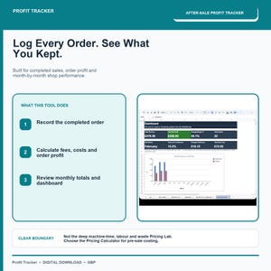 Op de afbeelding: Een digitaal winst-tracker spreadsheet-hulpmiddel voor e-commerce winkels. De interface toont tekst waaronder Log Every Order. See What You Kept, een lijst met functies en een dashboardweergave met een staafdiagram voor maandelijkse winst.