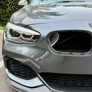 May include: Close-up of a gray BMW car's front end. The car features a black grill, a carbon fiber front lip, and a sleek headlight design. The car is parked on a paved surface, with greenery visible in the background.