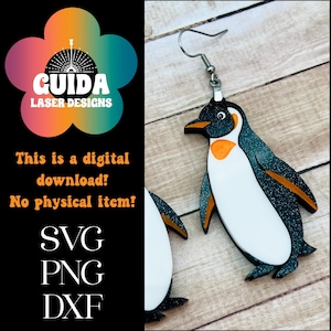 Pendientes de pingüino SVG: archivo cortado con láser en capas para Glowforge, colgantes de animales árticos, pendientes acrílicos de invierno SVG, archivo de joyería de pingüino lindo