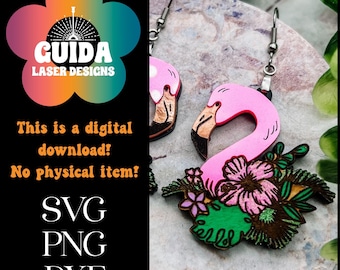 Floral Flamingo Earrings SVG | Layered Laser Cut File | Tropical Summer Acrylic & Wood Earrings | Glowforge Ready Digital Download