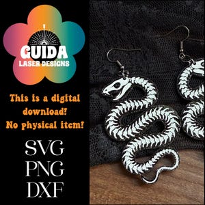 May include: Snake skeleton earrings in black and white with silver hooks. The earrings are shaped like coiled snakes. The image also includes the text "This is a digital download! No physical item!" and the file types SVG, PNG, and DXF.