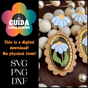 Boucles d'oreilles marguerite encadrées SVG | Fichier découpé au laser en couches pour Glowforge | Boucles d'oreilles florales Cottagecore | Bijoux acryliques printemps-été