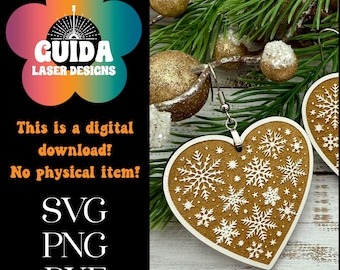 Single Layer Snowflake Heart Earrings SVG • Christmas Laser Cut File • Snowflake Earring SVG • Winter Heart Earrings • Glowforge Ready