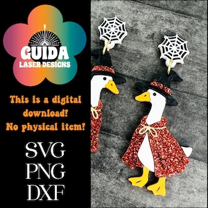 Puede incluir: Un par de pendientes de Halloween caprichosos con gansos blancos con sombreros de bruja y capas de purpurina roja. Cada pendiente tiene un amuleto de telaraña blanca. La imagen incluye el texto: "This is a digital download! No physical item!"