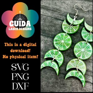 May include: A pair of lime green earrings with a crescent moon and lime slice design. The earrings are made of wood and have a silver hook.