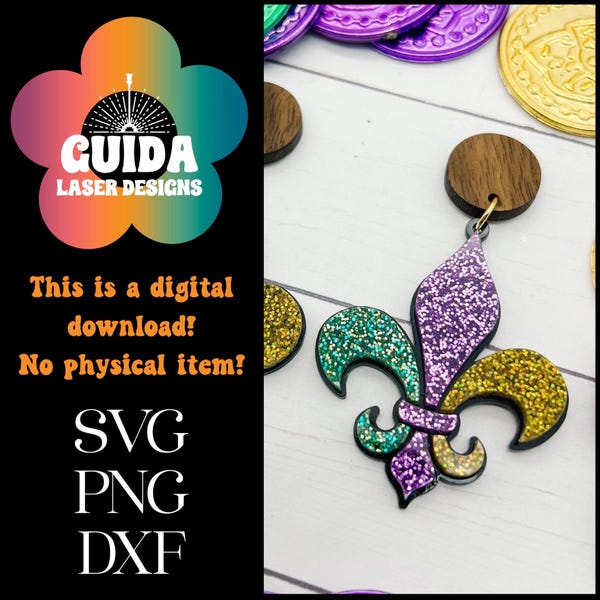 Boucles d'oreilles fleur de lys de mardi gras SVG / fichier prêt pour le laser / Glowforge Ready / boucles d'oreilles en acrylique / fichier coupé / boucles d'oreilles uniques