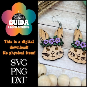 Floral Bunny Earrings SVG – Laser Cut File for Glowforge – Woodland Spring Rabbit Jewelry – Acrylic & Wood Animal Earrings
