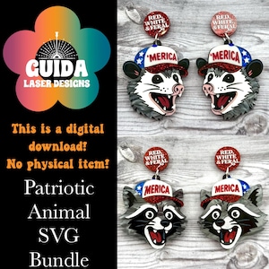 Red White & Feral Ohrringe SVG Bundle - Fantastische Waschbär Opossum Laser Cut File Set - Lustige Merica Ohrringe für Glowforge - 4. Juli