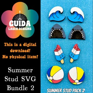 May include: A selection of summer-themed SVG designs featuring waves, sharks, ice lollies, and beach balls in blue, white, red, and yellow. The image text reads "Summer Stud SVG Bundle 2" and "Summer Stud Pack 2".