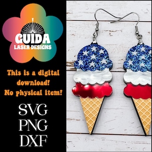 Brincos de sorvete patrióticos SVG – Arquivo de corte a laser de 4 de julho para Glowforge – Acrílico em camadas vermelho, branco e azul – Joias para férias de verão