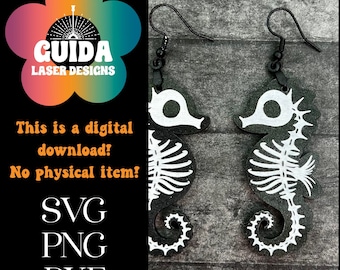 Seahorse Skeleton Earrings SVG / Spooky Summer Laser Cut File / Glowforge Ready / Beach Goth Earrings / Halloween Earring SVG / Ocean Dangle