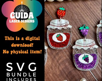 Pacote de brincos de pote de geleia SVG / Brincos de geleia de morango e uva / Arquivo de corte a laser / Pronto para Glowforge / Brincos de acrílico de frutas / Cottagecore