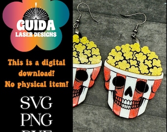 Pendientes de calavera con forma de cubo de palomitas de maíz SVG / Pendientes de película de terror cortados con láser / Halloween SVG / Diseño acrílico espeluznante y adorable / Descarga digital