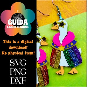 May include: A pair of whimsical earrings featuring a white goose wearing star-shaped sunglasses, a pink collar, and a rainbow cape. The earrings are designed with glitter accents and are suspended from a fish hook. The image also includes the text: "This is a digital download! No physical item!"
