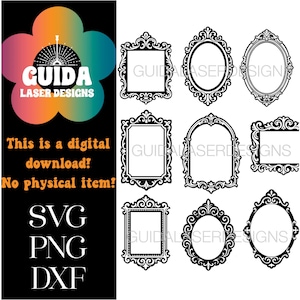 Puede incluir: Elementos de diseño digital en blanco y negro con marcos ornamentados de varias formas, incluyendo cuadrados y ovalados. La imagen incluye el texto "GUIDA LASER DESIGNS" y "This is a digital download! No physical item!" con opciones de tipo de archivo: SVG, PNG y DXF.