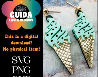 May include: Mint green and gold ice cream cone earrings. The earrings feature a mint green ice cream top with black dots and a gold cone. The image also includes the text "GUIDA LASER DESIGNS" and "This is a digital download! No physical item! SVG PNG DXF."