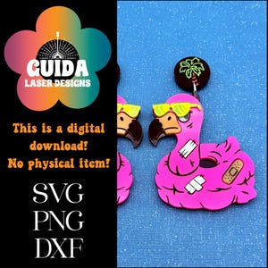 Puede incluir: Pendientes de flamenco rosa con gafas de sol amarillas y vendajes. Los pendientes tienen una parte superior negra con un diseño de palmera. La imagen incluye el texto "GUIDA LASER DESIGNS" y "This is a digital download! No physical item! SVG PNG DXF."