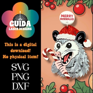May include: A digital download featuring a cartoon opossum wearing a Santa hat and holding a candy cane. The opossum has a wide grin and the text "MERRY HISSMAS" is above its head. The image also includes the text "This is a digital download! No physical item!"