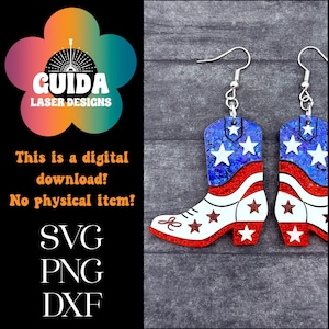 Orecchini con stivali da cowboy patriottici in formato SVG - File di taglio laser del 4 luglio per Glowforge - Pendenti con borchie in acrilico USA - Orecchini fai da te estivi in stile western