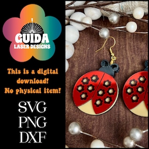 Orecchini a forma di coccinella SVG / File tagliato al laser per Glowforge e LightBurn / Spring Cottagecore Boho Bug / Modello per orecchini in acrilico a strati