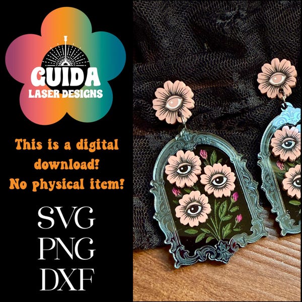 Boucles d'oreilles fleurs oeil encadrées SVG | Lime à bijoux florale gothique | Collection Curiosités | Motif découpé au laser en couches (téléchargement numérique)