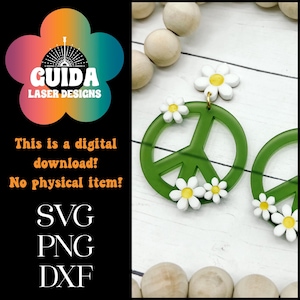Orecchini con simbolo della pace in formato SVG – File tagliato al laser per Glowforge – Orecchini estivi hippie boho – Gioielli con fiori in acrilico a strati – Festival Cottagecore