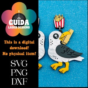 Orecchini a forma di gabbiano con patatine fritte in formato SVG – File di taglio laser estivo divertente – Orecchini in acrilico a forma di uccello da fast food – Tema spiaggia Glowforge Ready – Download digitale