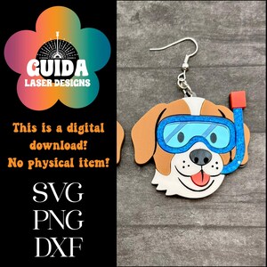 Boucles d'oreilles chien de plongée en apnée SVG - fichier découpé au laser drôle d'été pour Glowforge - boucles d'oreilles pendantes chiot en acrylique - bijoux océan pour animaux de compagnie - PNG DXF