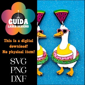 Pendientes de ganso de verano SVG – Archivo divertido de pendientes cortados con láser – Ganso con forma de sandía y gafas de sol – Joyería acrílica para fiestas en la piscina – Glowforge