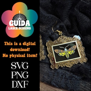 May include: Gold-colored framed earrings with a moth design. The moth has a skull on its head and yellow and orange wings. The earrings are displayed on a black fabric. The image also includes the text: "This is a digital download! No physical item! SVG PNG DXF."