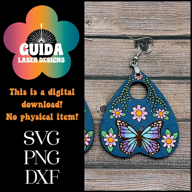 May include: A pair of blue wooden earrings shaped like a witch's board with a butterfly and floral design. The earrings have a silver hook.