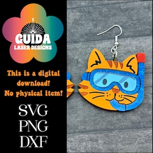 Snorkeling Cat Earrings SVG – Funny Summer Laser Cut File for Glowforge – Acrylic Cat Dangle Earrings – Ocean Animal Jewelry – PNG DXF