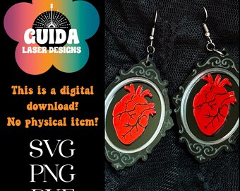 Framed Anatomical Heart Earrings SVG | Gothic Oddity Medical Jewelry Laser Cut File | Anatomy Lover Dangle Earrings
