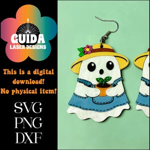 May include: Wooden ghost earrings with a yellow hat, blue overalls, and a small pot with a plant. The earrings are white with black eyes and a smiling mouth. The earrings are designed with a floral accent on the hat.