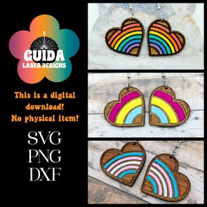 May include: Three pairs of wooden heart-shaped earrings with rainbow designs. The first pair has a rainbow with red, orange, yellow, green, blue, indigo, and violet stripes. The second pair has a rainbow with pink, yellow, and blue stripes. The third pair has a rainbow with white, pink, and blue stripes.